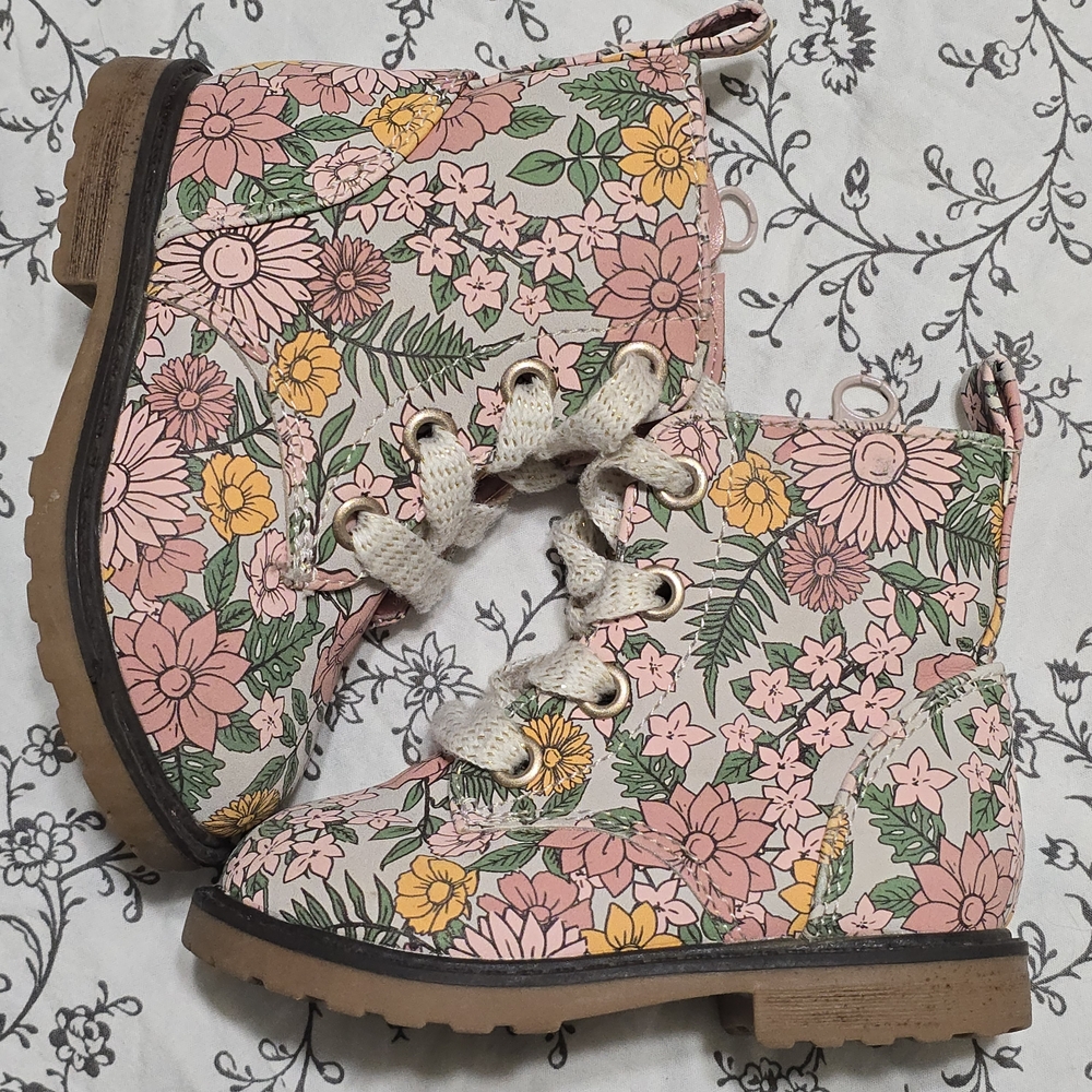 Cat & Jack Pink Floral Lace-Up Kids Boots with Yellow Accents
